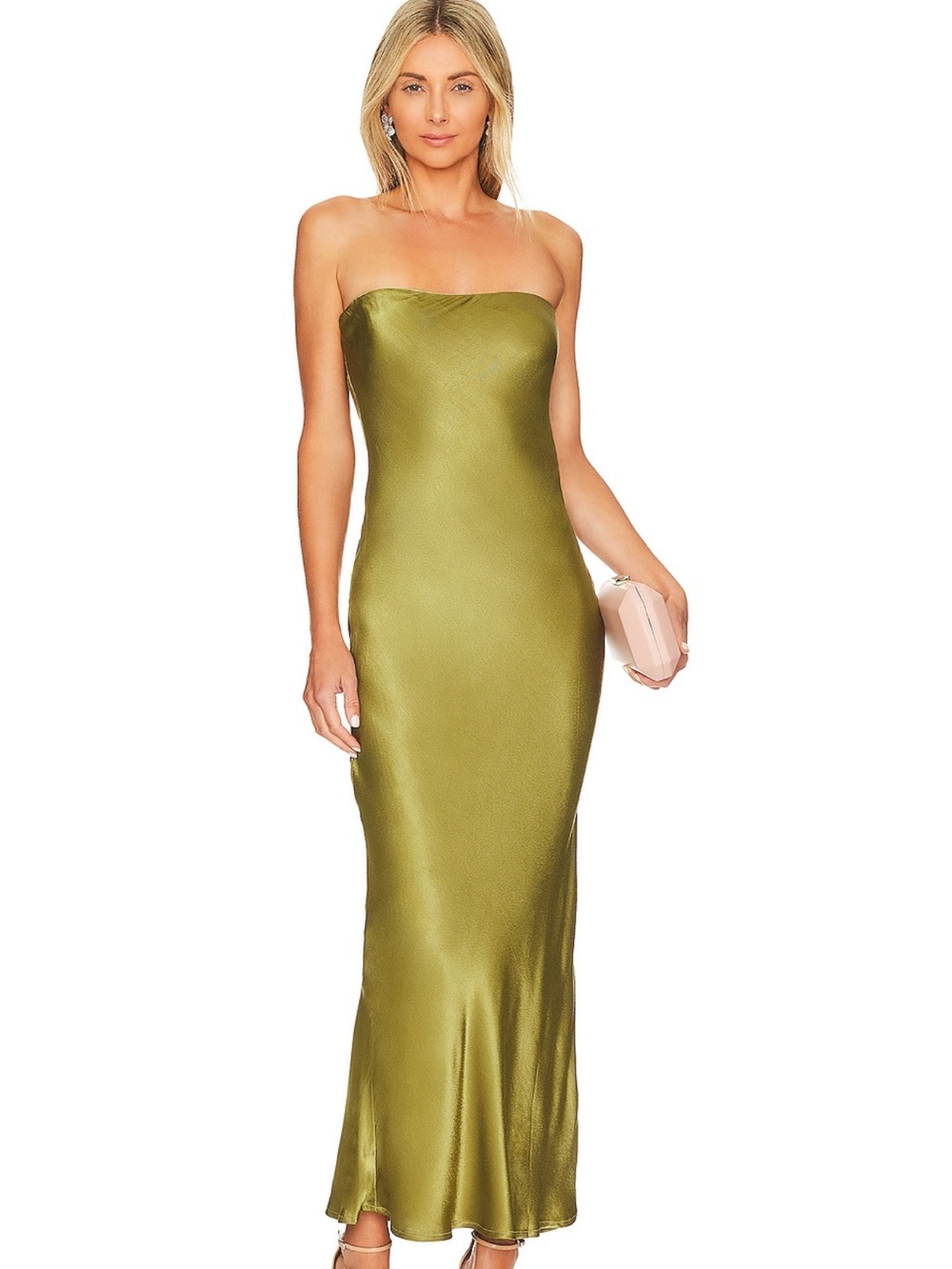 Strapless Olive Satin Column Evening Gown